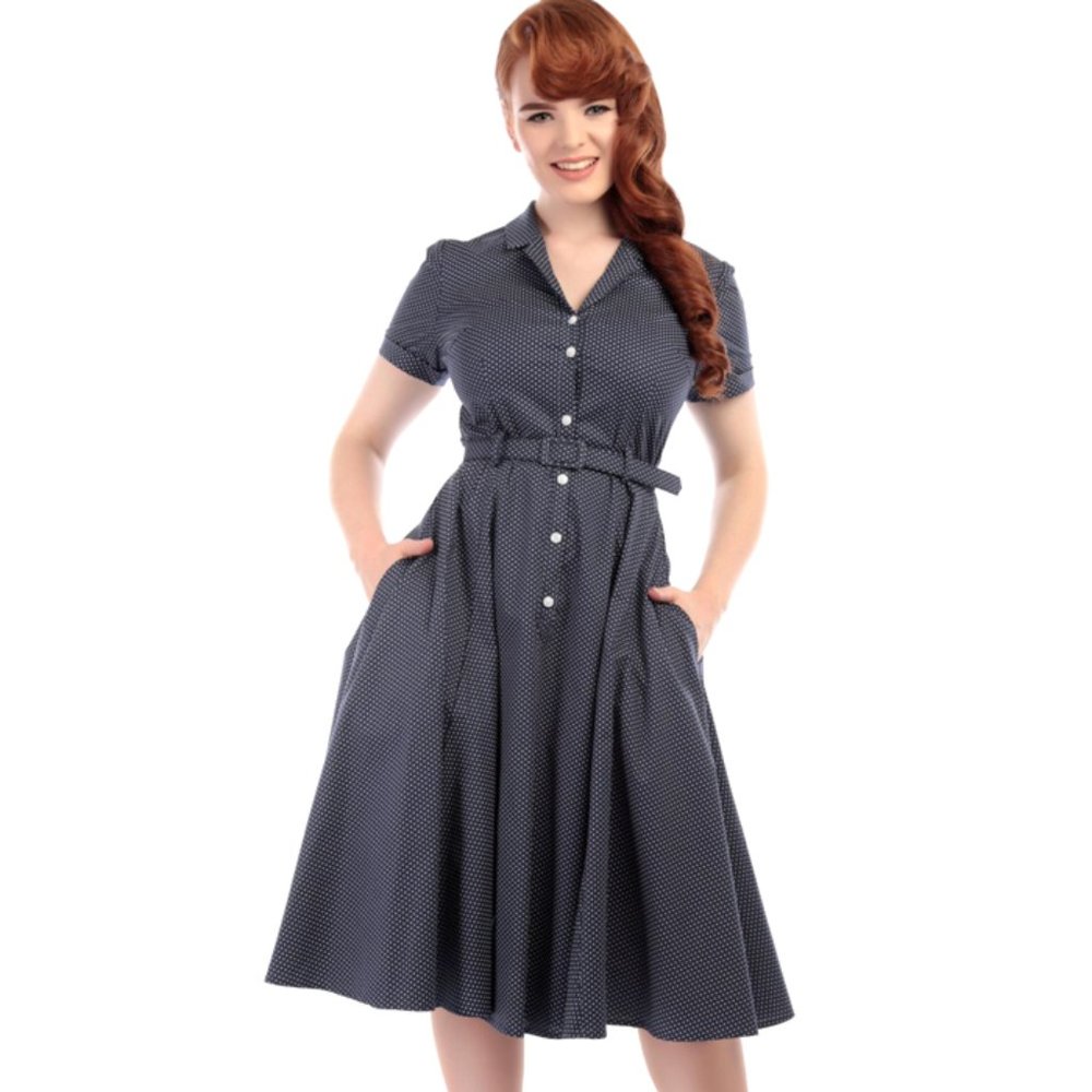 Collectif Black Polka Dot Retro Rockabilly Button-Down Caterina Dress w/ Pockets